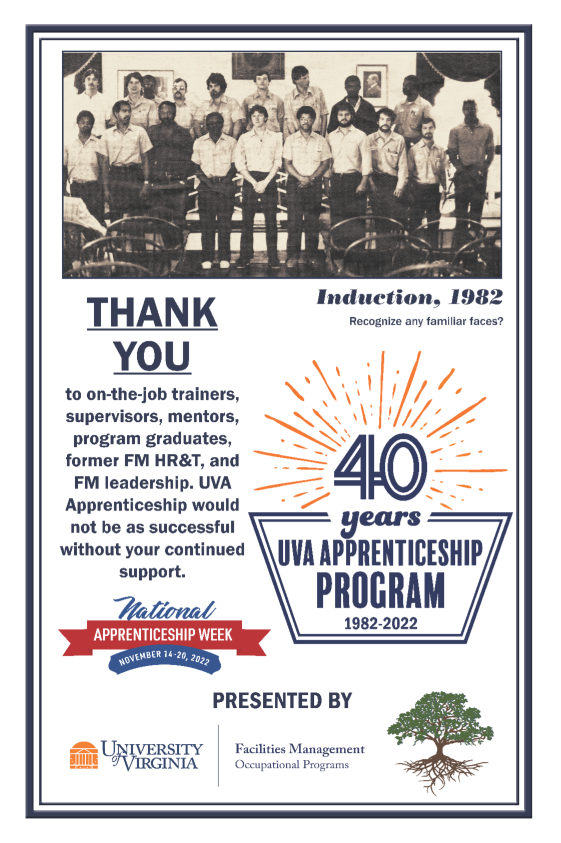 Flyer for the Apprenticeship Program's 40th anniversary, featuring a photo of the original apprentices from 1982 and a thank you message: 'To on-th-job trainers, supervisors, mentors, program graduates, former FM HR&T, and FM leadership. UVA Apprenticeship would not be as successful without your continued support. Presented by FM Occupational Programs.
